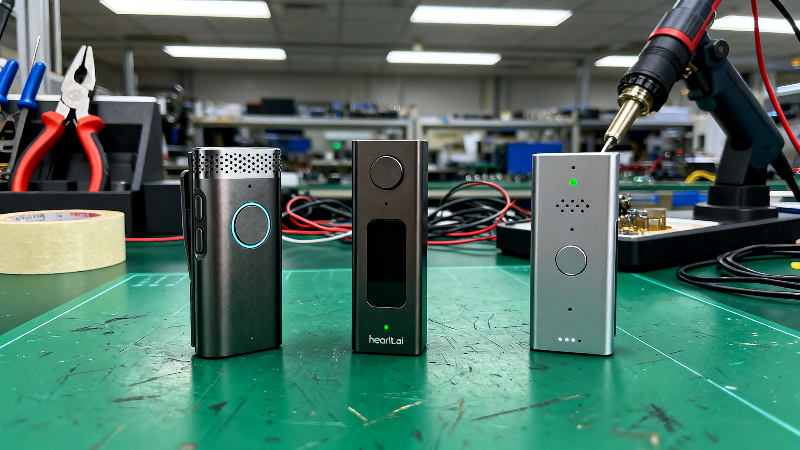 Three functional prototype wearable microphones on a factory workbench with soldering tools