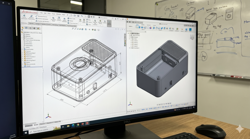 CAD software showing enclosure model