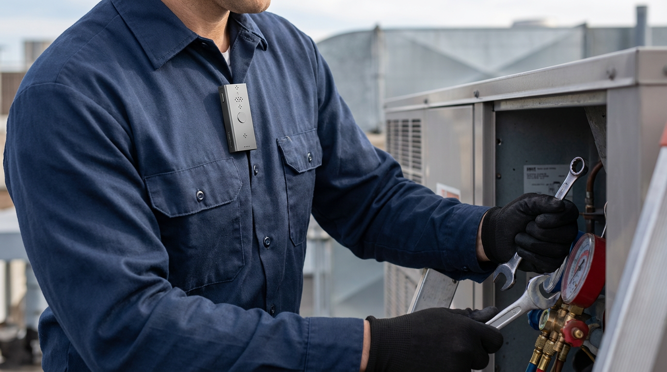 Field service technician using GMIC voice AI hardware