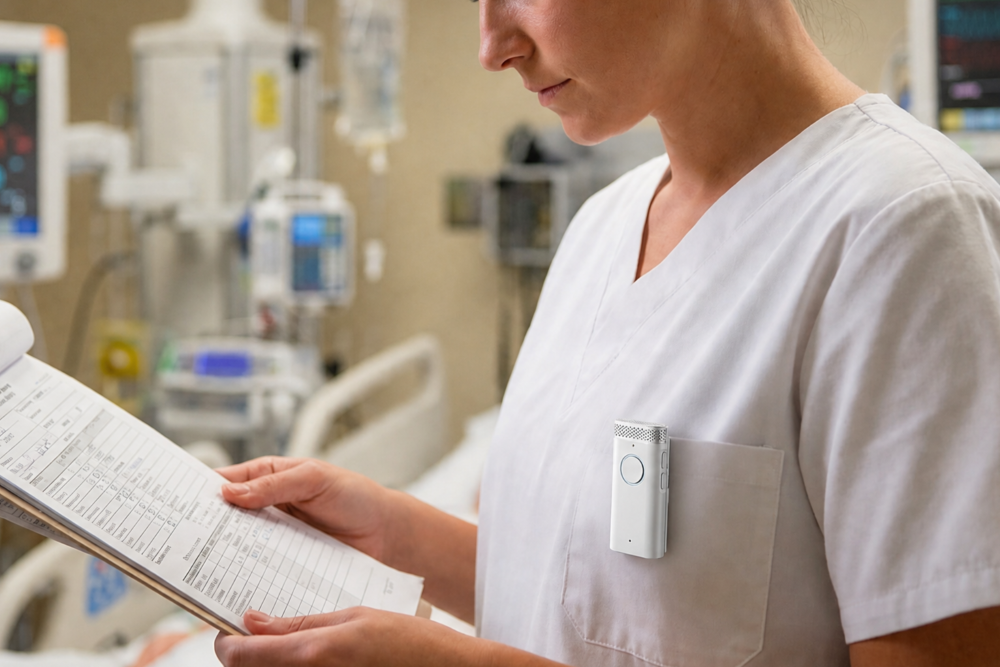 Healthcare professional using GMIC voice AI hardware