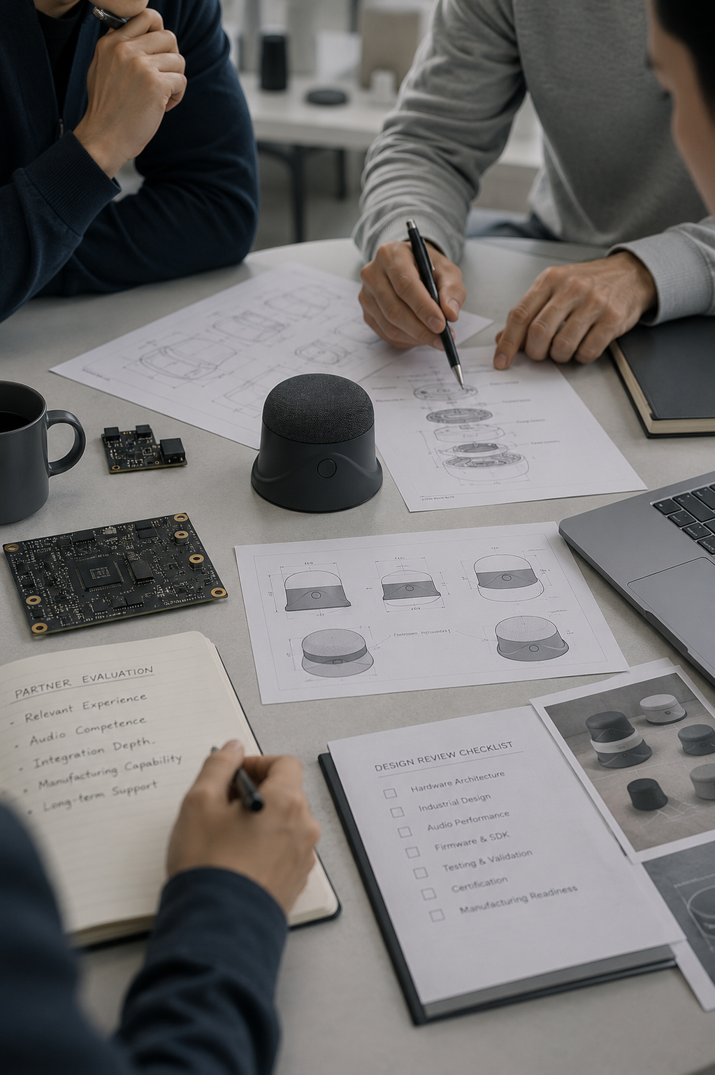 Engineer running testing and validation on voice AI hardware